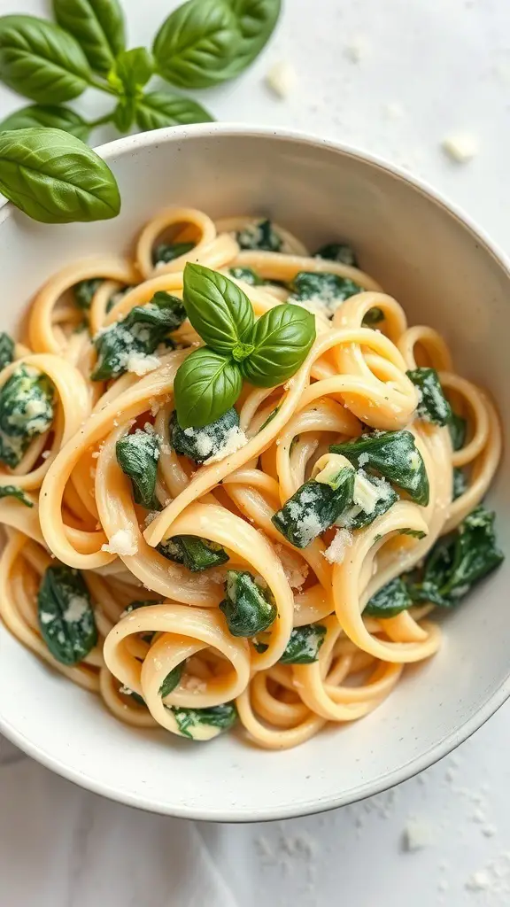 A bowl of creamy spinach and artichoke pasta topped with fresh basil leaves.