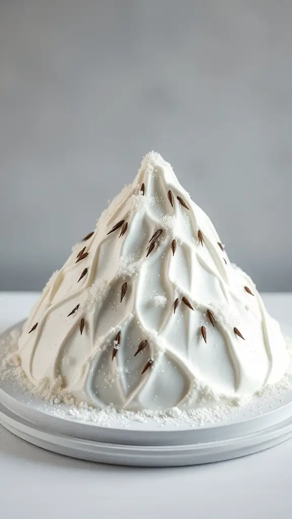 A beautifully crafted cake shaped like a snowy mountain, featuring white frosting and brown accents.