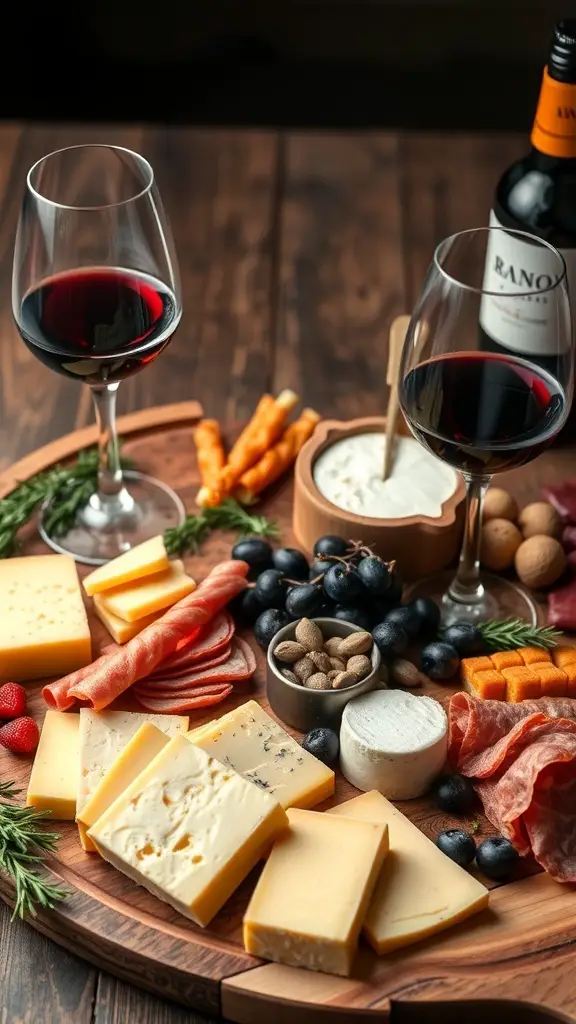 A wine pairing charcuterie board featuring cheeses, cured meats, fruits, nuts, and two glasses of red wine.