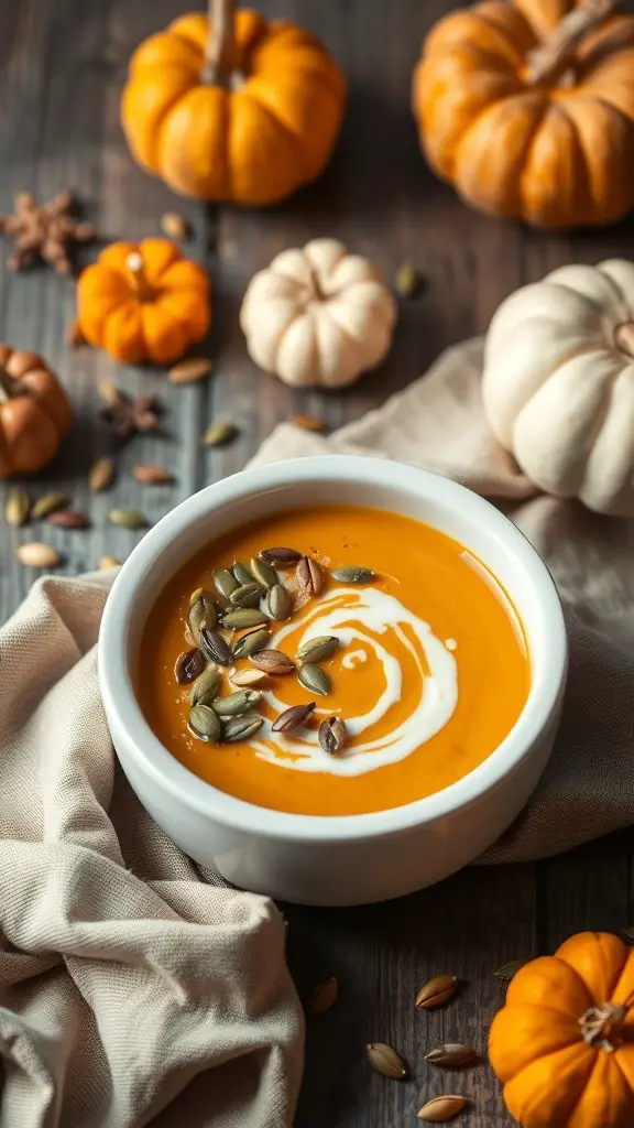 A bowl of spiced butternut squash soup topped with cream and pumpkin seeds, surrounded by decorative pumpkins.