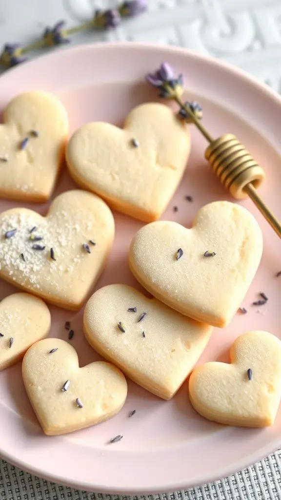 Lavender Honey Shortbread Cookies shaped like hearts on a pink plate, garnished with dried lavender