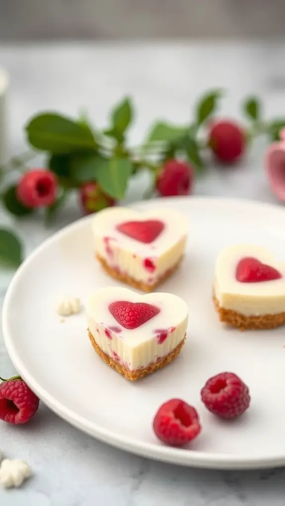 Heart-shaped raspberry cheesecakes on a plate with fresh raspberries