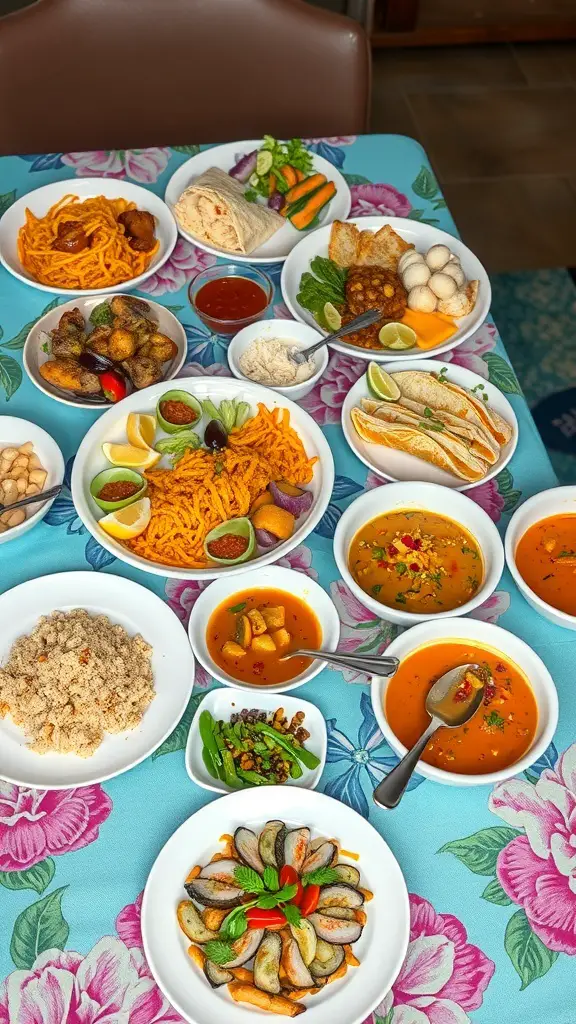 A colorful spread of various international dishes on a table.