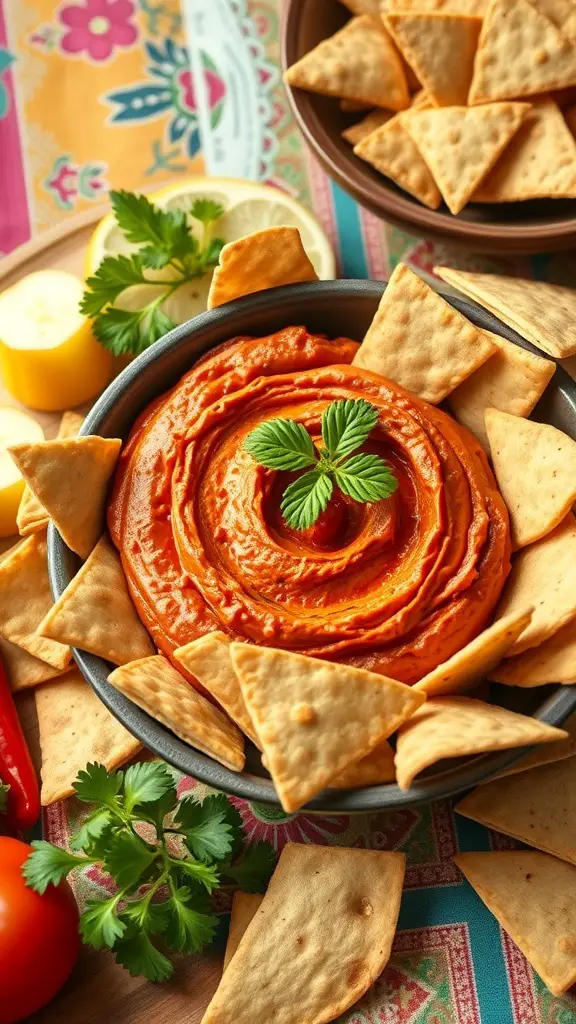 A bowl of roasted red pepper hummus surrounded by pita chips and garnished with fresh herbs.