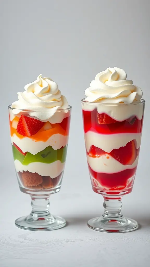 Colorful jelly and ice cream parfaits in clear cups, layered with jelly, ice cream, and topped with whipped cream.