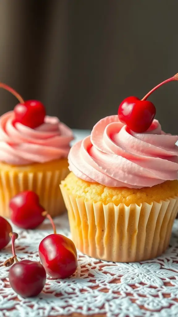 Cherry almond cupcakes with pink frosting and cherries on top