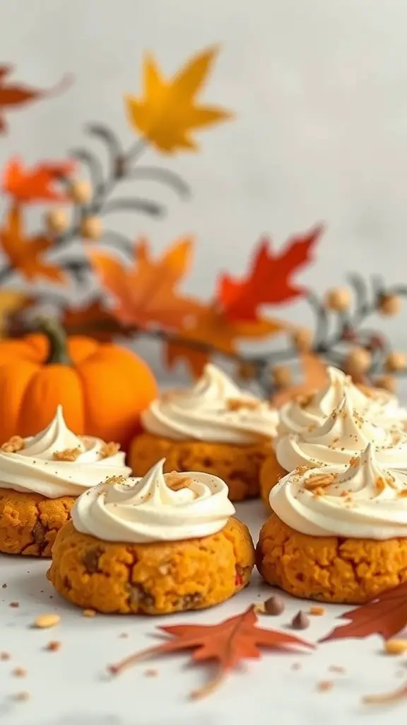 Pumpkin spice cookies with cream cheese frosting, surrounded by autumn leaves and a small pumpkin.