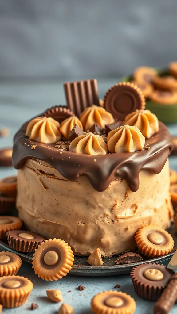 A delicious Peanut Butter Cup Cake topped with chocolate ganache and mini peanut butter cups.