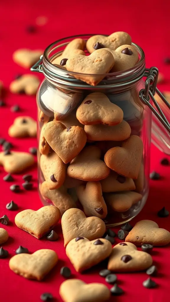 A jar filled with heart-shaped chocolate chip cookies on a red background