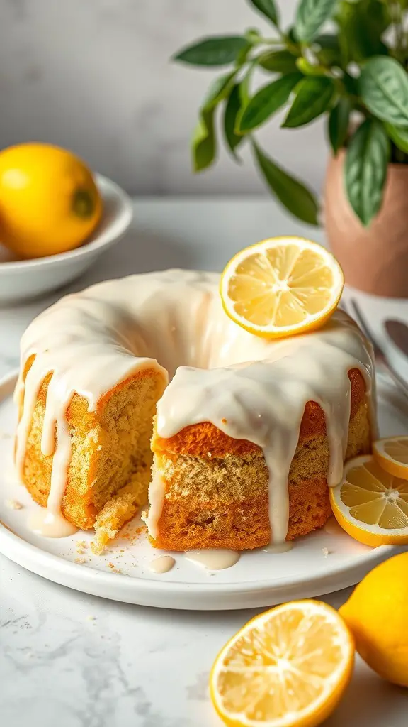 A lemon-lime poke cake with a glaze and lemon slices on top, placed on a white plate.