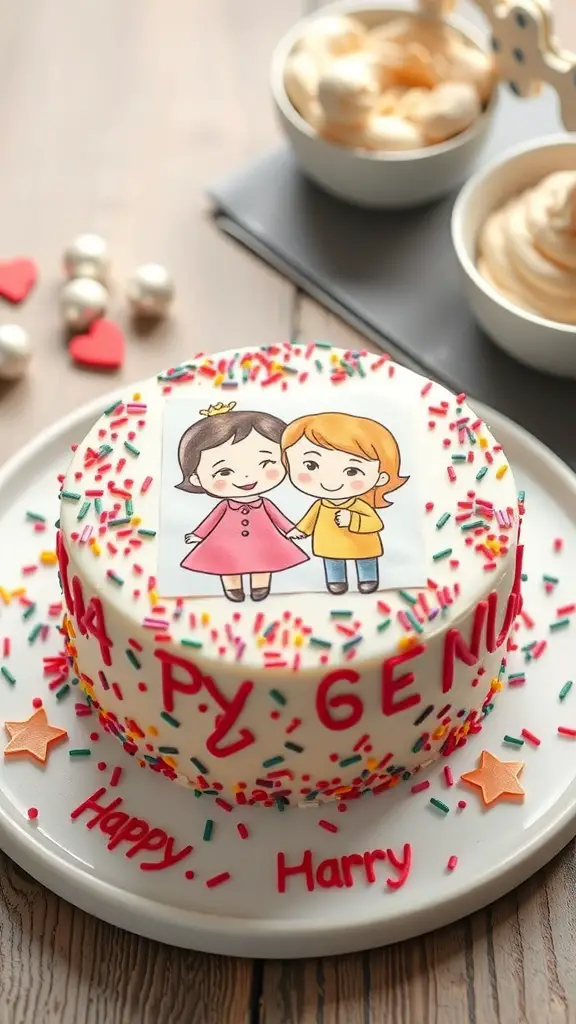 A personalized bento cake with a photo of two cartoon characters, colorful sprinkles, and a cheerful message.