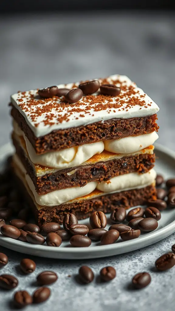 A delicious Tiramisu Bento Cake layered with chocolate and mascarpone, garnished with cocoa powder and coffee beans.