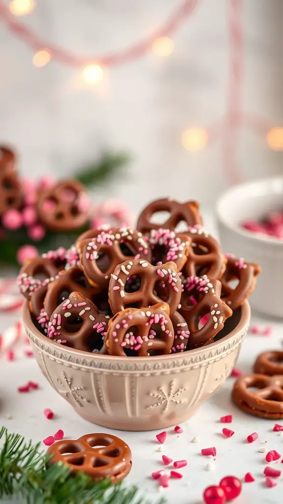 A bowl of chocolate-covered pretzels with pink and white sprinkles, surrounded by festive decorations.