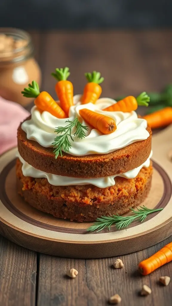 Bento box featuring a carrot cake with cream cheese frosting, decorated with small carrots and placed on a wooden plate.