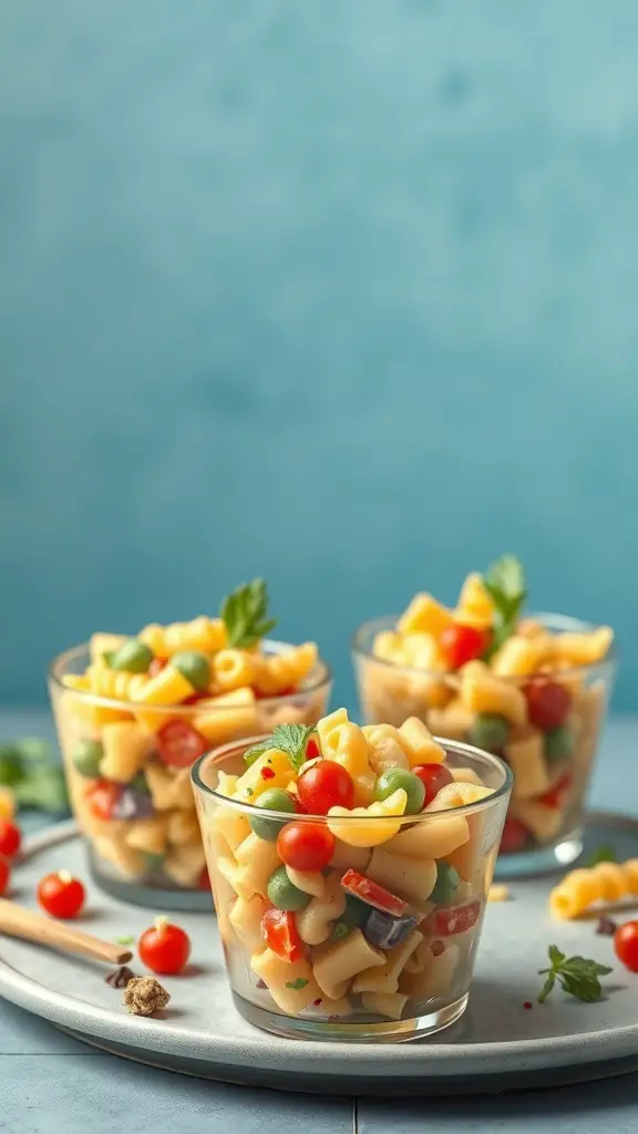 Colorful pasta salad cups with cherry tomatoes and green peas