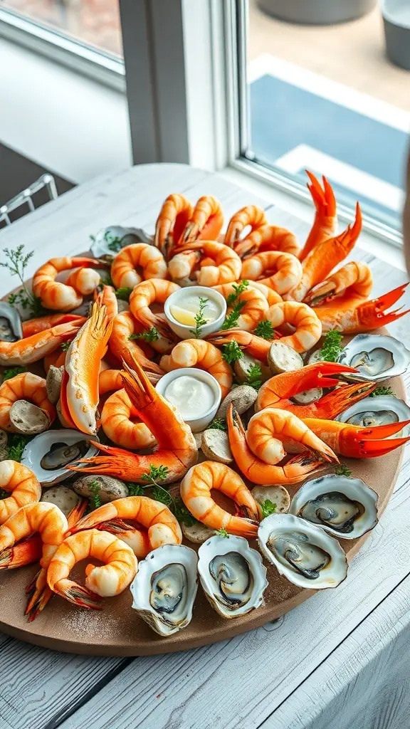 A beautifully arranged seafood grazing board featuring shrimp, oysters, and crab legs.