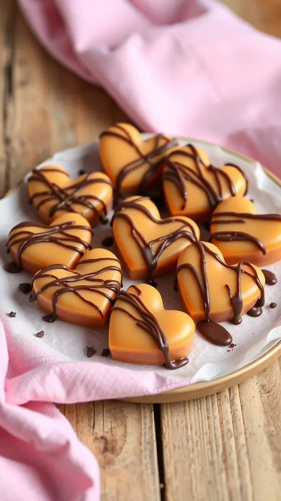A plate of heart-shaped vanilla bean caramel candies drizzled with chocolate.