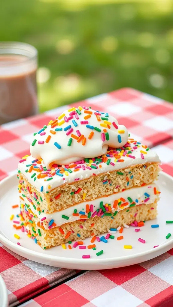 A slice of funfetti cake topped with whipped cream and colorful sprinkles on a plate.