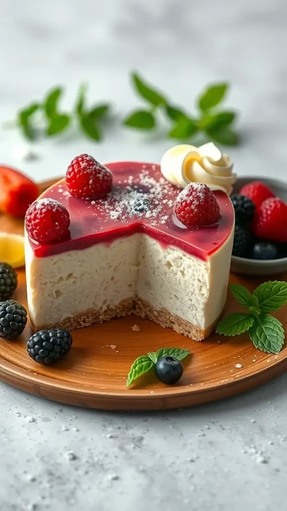 A cheesecake bento cake topped with fruit and berries on a wooden plate.