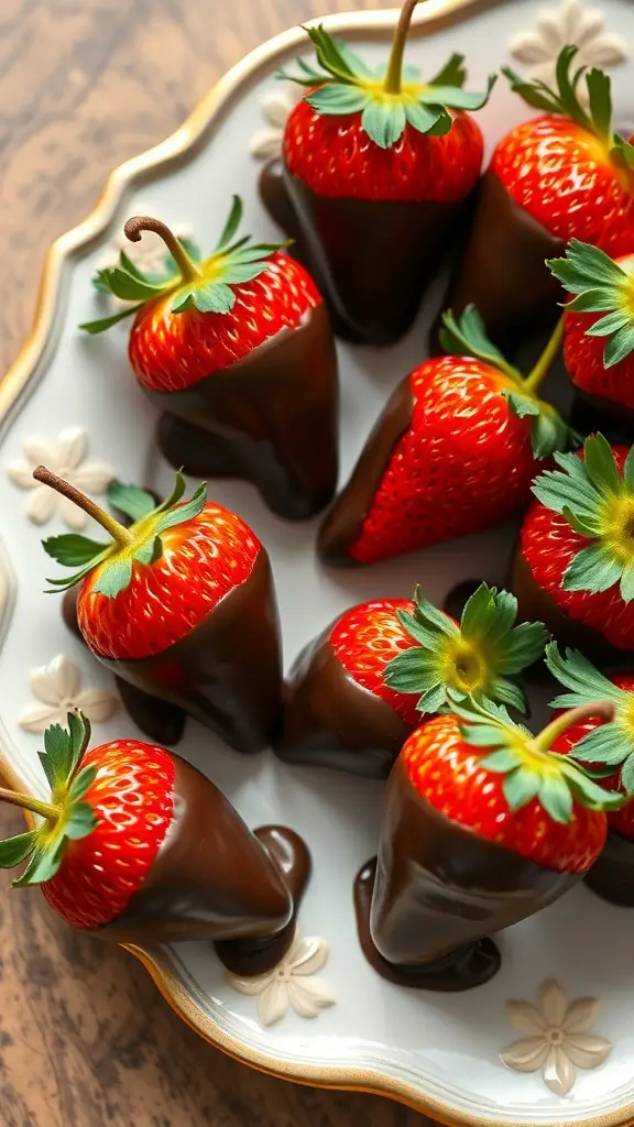 A plate of chocolate-dipped strawberries arranged beautifully.