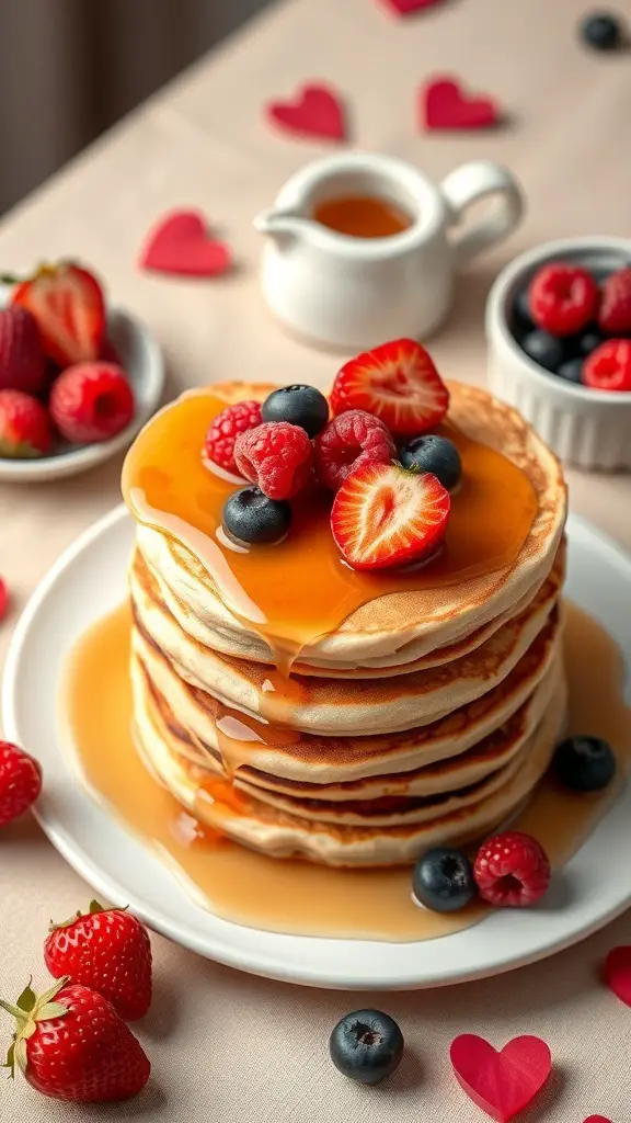 A stack of heart-shaped pancakes topped with berries and syrup on a table decorated with small heart shapes.