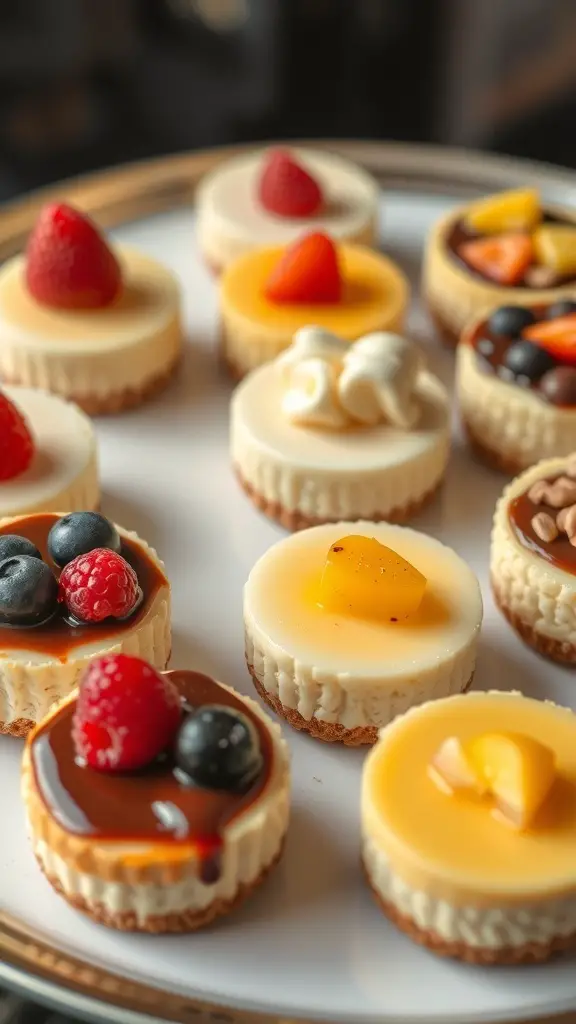 A plate of assorted mini cheesecake bites topped with fruits and chocolate.