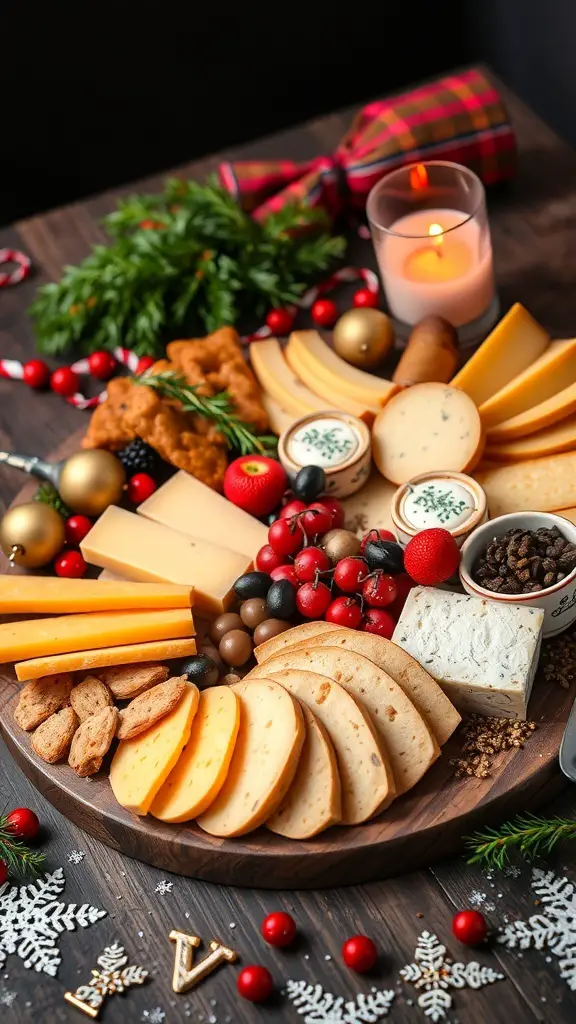 A festive charcuterie board featuring a variety of cheeses, fruits, and decorative elements for New Year celebrations.