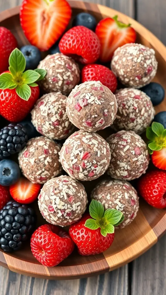 A wooden bowl filled with berry blast protein balls, surrounded by fresh strawberries, blueberries, and blackberries.