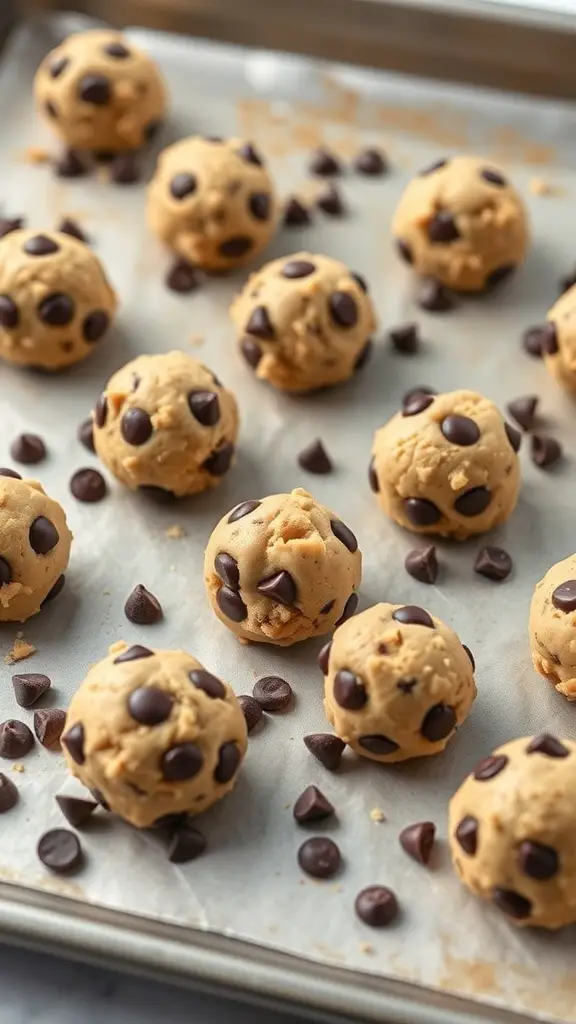 A tray of chocolate chip cookie dough protein balls on parchment paper