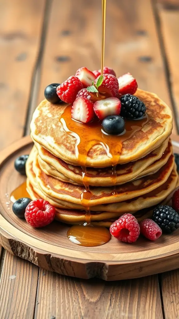 A stack of whole grain pancakes topped with fresh berries and maple syrup on a wooden plate.