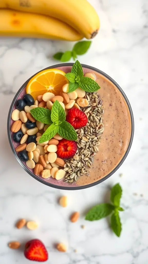 A colorful smoothie bowl topped with nuts, seeds, and fresh fruits, with bananas in the background.