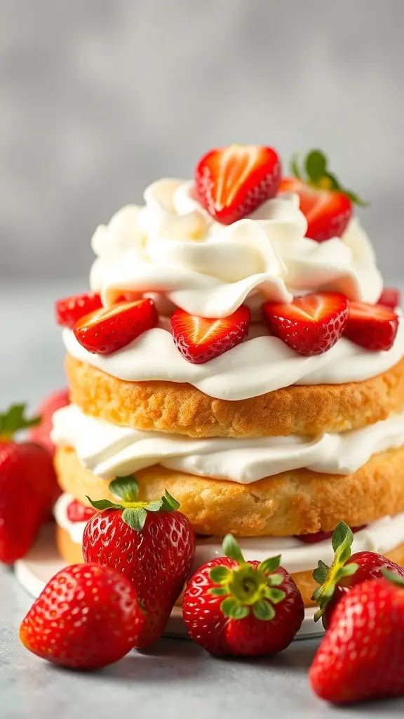 A delicious strawberry shortcake layered with whipped cream and fresh strawberries.