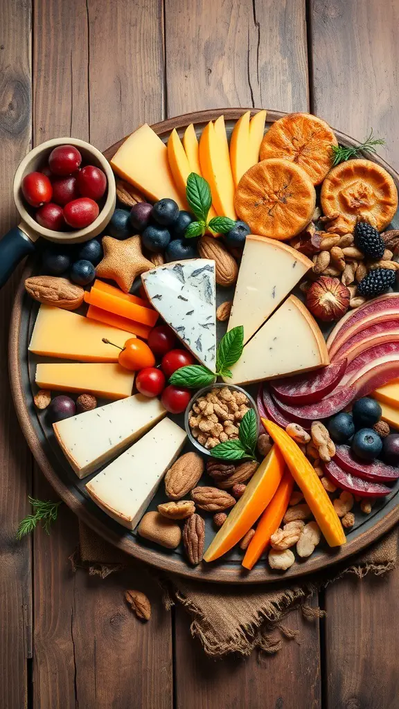 A beautifully arranged seasonal harvest charcuterie board featuring various cheeses, fruits, nuts, and meats.