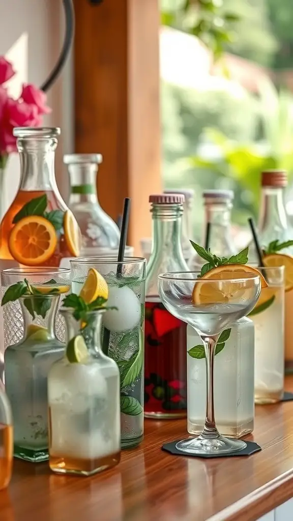 A colorful beverage station with various drinks in glass bottles and jars, garnished with fruits and herbs.