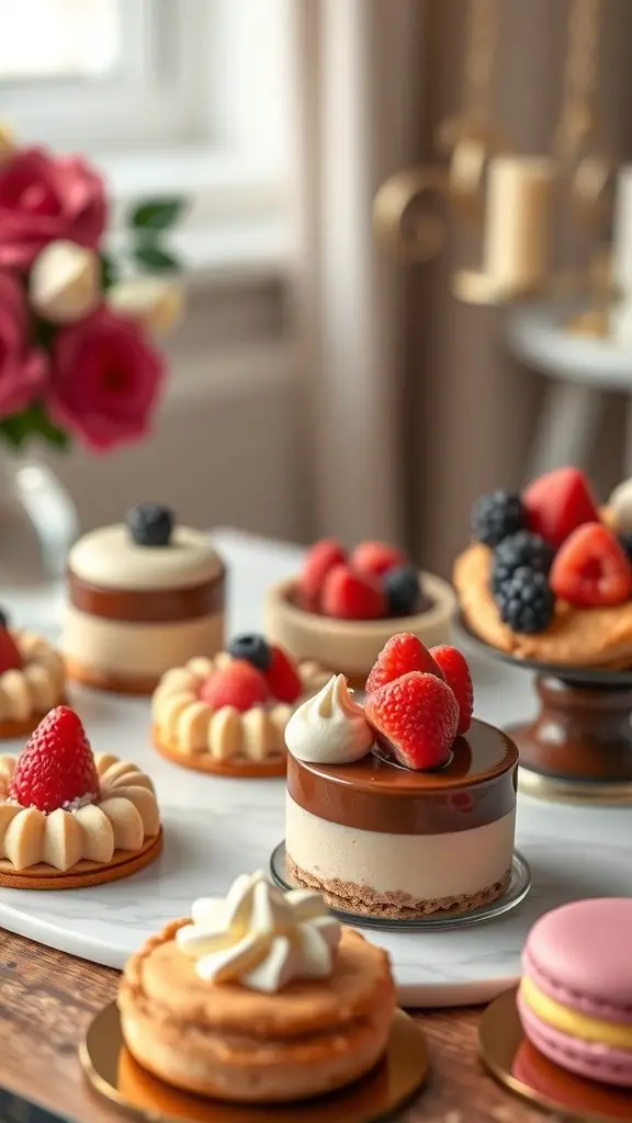 An assortment of elegant desserts including mini cheesecakes, macarons, and berry tarts, beautifully arranged for a New Year's celebration.