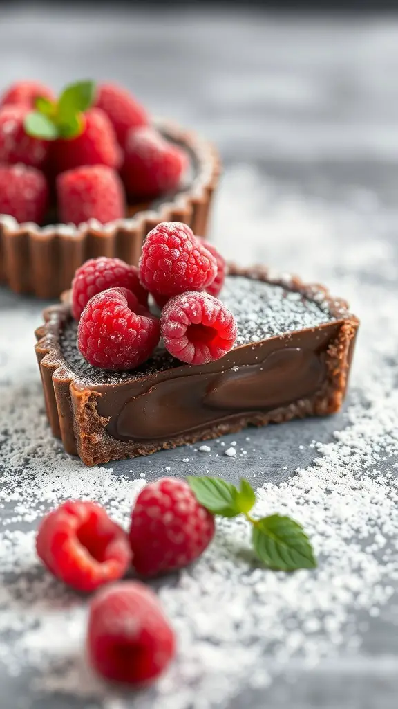 A delicious chocolate raspberry tart topped with fresh raspberries and powdered sugar.