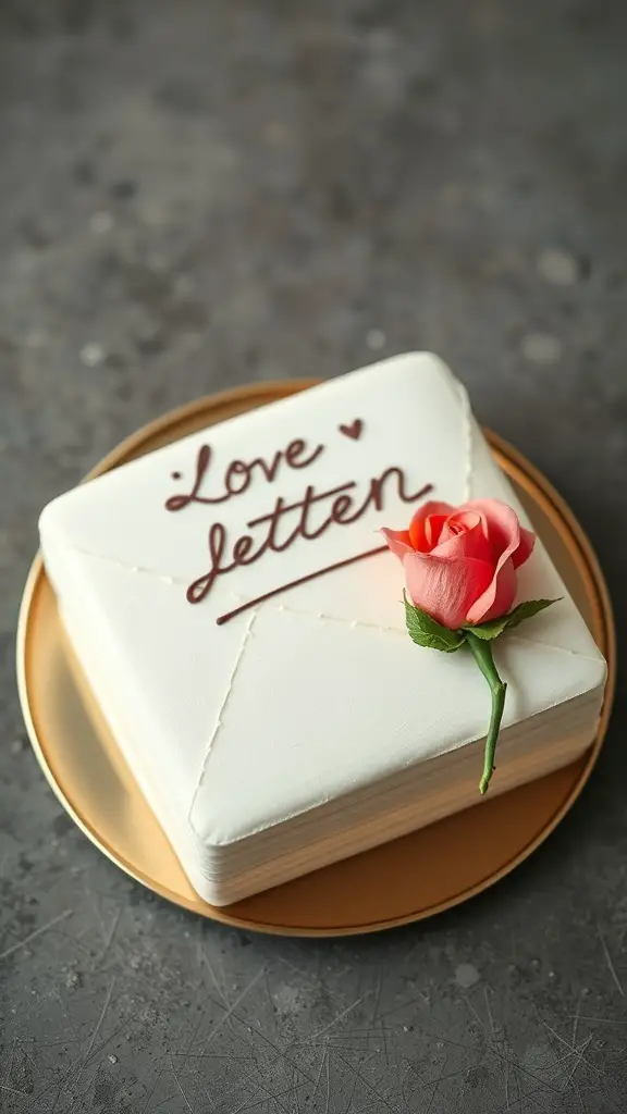 A bento cake designed to look like a love letter, featuring a white frosting, handwritten message, and a pink rose on top.