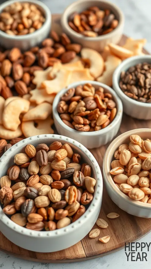 A variety of nuts and seeds in small bowls on a wooden platter