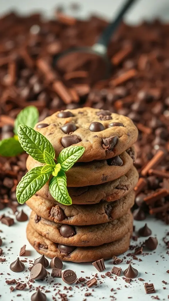 A stack of mint chocolate chip cookies with chocolate shavings and mint leaves