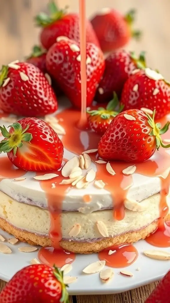 A delicious almond strawberry poke cake topped with fresh strawberries and strawberry sauce.