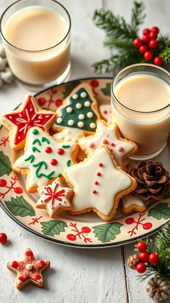 A plate of decorated sugar cookies in festive shapes, with two glasses of eggnog and holiday decorations.