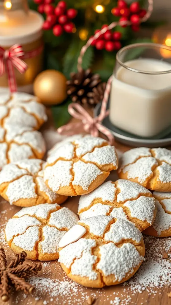 A plate of cinnamon sugar crinkle cookies dusted with powdered sugar, surrounded by festive decorations and a glass of milk.