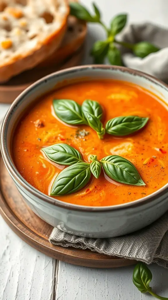 A bowl of creamy tomato basil soup garnished with fresh basil leaves, accompanied by a piece of bread.