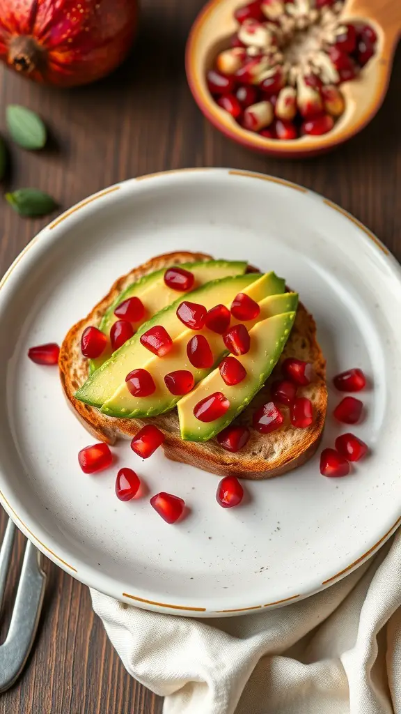 Avocado toast topped with pomegranate seeds on a white plate