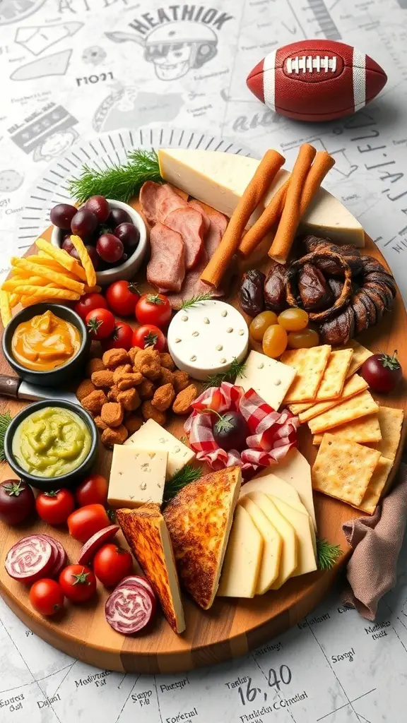 A large charcuterie board with various meats, cheeses, fruits, and dips, alongside a football.