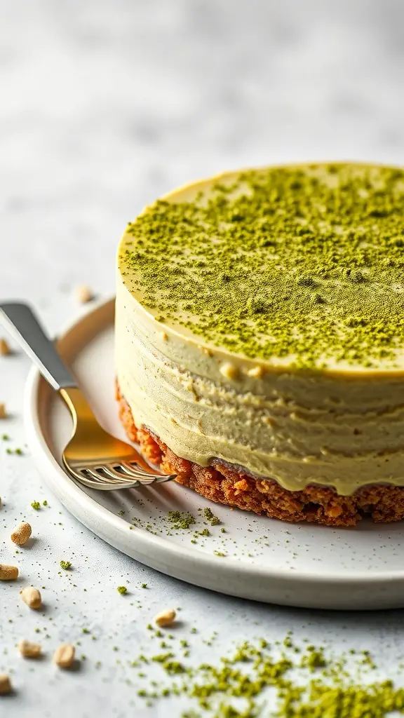 A matcha green tea cheesecake on a plate with a fork beside it.