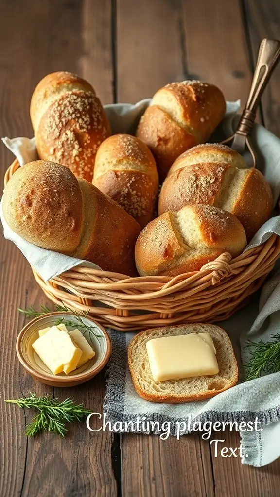 A basket of freshly baked rolls with butter on a slice of bread