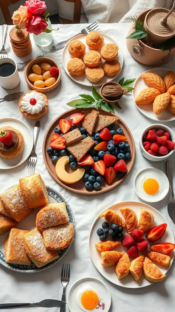 A beautifully arranged brunch grazing spread featuring fruits, pastries, and muffins.