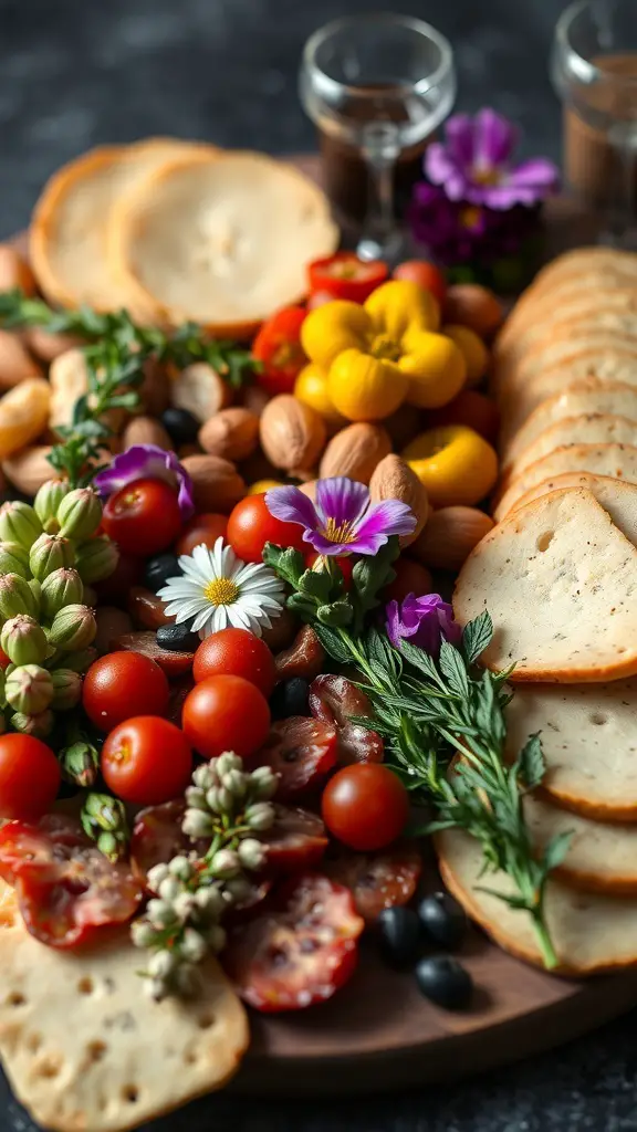 A beautifully arranged charcuterie board featuring various cheeses, nuts, cherry tomatoes, edible flowers, and dips.