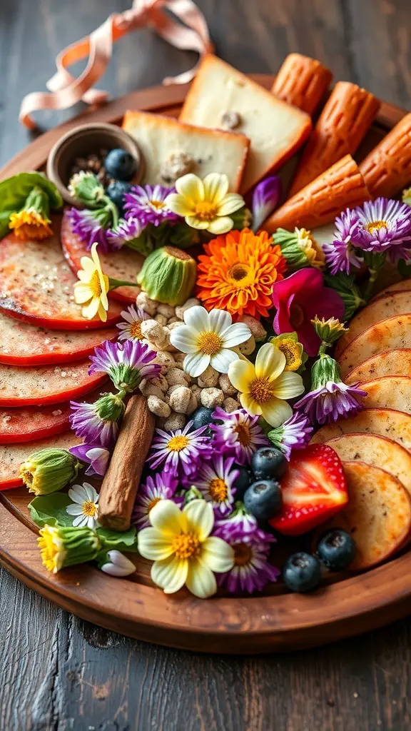 A beautifully arranged charcuterie board featuring various cheeses, fruits, nuts, and colorful edible flowers.